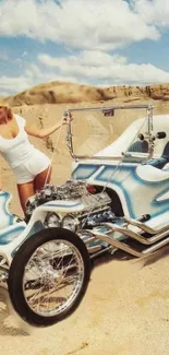 Vintage trike in desert landscape with a retro design feel.