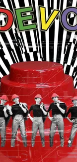 Devo band members with red hats and retro design elements.