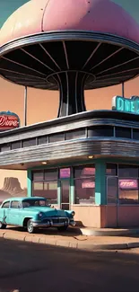 Retro diner with classic car in a desert setting featuring vibrant teal colors.