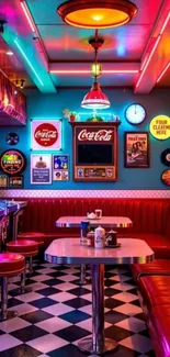 Neon-lit retro diner with classic signs and red booths.