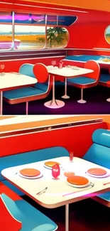 A vibrant retro diner wallpaper with bold colors and vintage furniture.