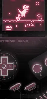 Retro pixel dinosaur game console wallpaper with dark pink tones.