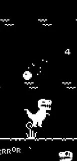 Retro pixel art dinosaur mobile wallpaper in black and white design.