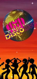 Retro disco dancers silhouetted against a vibrant sunset.