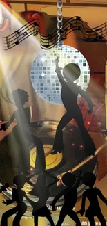 Silhouettes dancing under a disco ball.