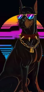 Doberman with sunglasses and chain in retro artwork.