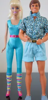 Retro doll couple in vibrant outfits with sky blue tones.