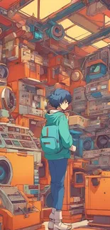 Anime character amidst retro electronics in vibrant colors.