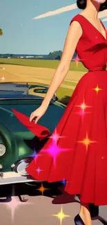 Elegant woman in red dress with classic car.