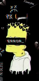 Retro cartoon character with glitch art on black background featuring error text.