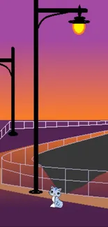 Retro cityscape wallpaper with purple and orange hues, featuring a cat and street lamps.