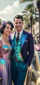 Retro couple in vibrant vintage attire with palm tree backdrop.