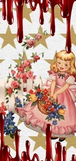 Retro doll in pink dress with flowers and stars wallpaper.