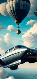 Retro flying car and hot air balloons in a dreamy sky.