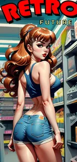 Retro future pin-up girl in a colorful store setting.