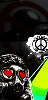 Gas mask with heart eyes, UFO, and 'Don't Worry Be Happy' thought balloon.