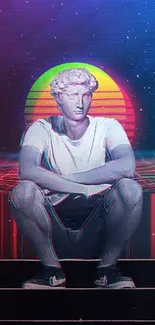 Retro futuristic wallpaper with statue, sunset, and grid.