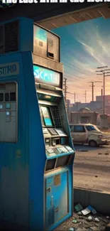 Retro futuristic scene with a blue ATM under a vibrant sky.