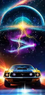 Retro futuristic car with cosmic backdrop and neon colors.