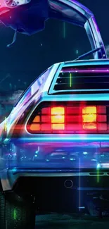 Retro futuristic car with neon lights in vibrant colors.