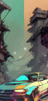 Retro futuristic car in cyberpunk city scene with neon lights and urban ruins.