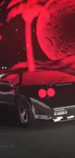 Retro futuristic car with neon red background art.