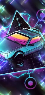 Retro futuristic car with neon colors and dynamic elements in a digital art style.