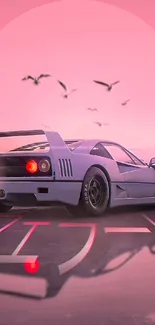 Retro futuristic car under a pink sunset with birds flying.