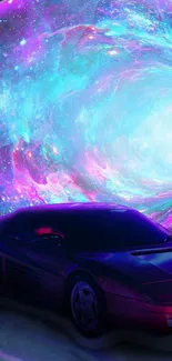 Retro car in front of a cosmic vortex with vibrant blue and purple hues.