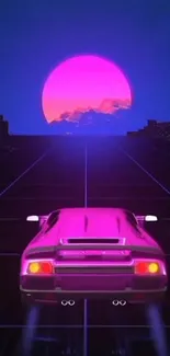 Retro futuristic car with neon sunset in purple and blue hues.