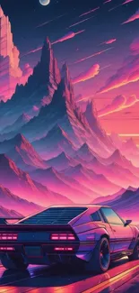 Retro car on a pink-purple mountain landscape with futuristic style.