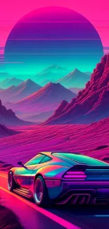 Retro futuristic car with neon colors on a mountainous road.