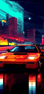 Retro car races through a vibrant, neon-lit futuristic city.