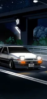 Retro AE86 car on highway at night under starry sky.