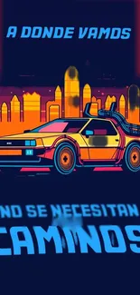 Retro futuristic wallpaper featuring a neon-lit car and city skyline.