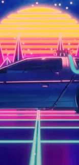 Vibrant retro futuristic car with neon colors and digital art aesthetics.