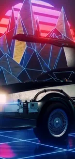 Retro futuristic car with neon lights and geometric mountains.