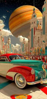 Retro futuristic cityscape with classic car and planet.