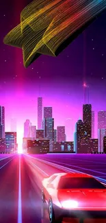 Retro futuristic cityscape with neon lights and a sleek car.