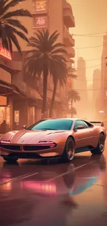 Sleek car in a neon-lit city with palm trees and rainy streets.