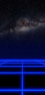 Retro futuristic wallpaper with blue grid and starry galaxy sky.