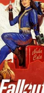 Retro game character holding Nuka Cola bottle with a red background.