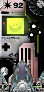 Retro futuristic wallpaper featuring a classic game device with digital elements.