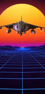 Retro futuristic jet over neon grid with sunset.