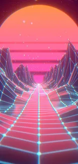 Vibrant retro futuristic wallpaper with neon grid mountains and glowing pink sunset.