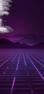 Retro futuristic mobile wallpaper with neon purple grid and cosmic background.