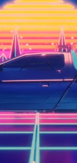 Retro futuristic neon car with vibrant purple and pink background.