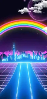 Retro futuristic neon city wallpaper with rainbow and digital grid.