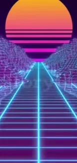 Retro futuristic neon landscape wallpaper with vibrant sunset and grid.