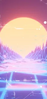 Retro futuristic neon landscape with glowing sun and geometric shapes.